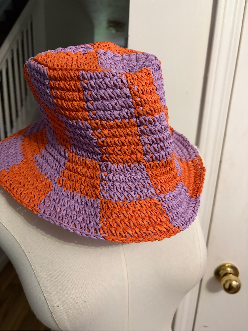 Purple Orange Braided Crochet Check Bucket Hat, Colotful Y2K / 90s / Festival